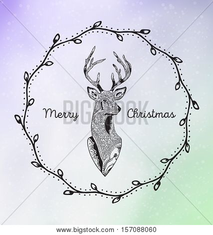 Merry Christmas vector illustration with reindeer head in frame from leaves and twigs. Gradient background. Ethnic doodle in zentangle style.