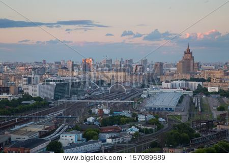 Kievsky railway station at evening in Moscow. Russian Railways is among three largest transport companies in world