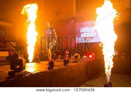 NOVI SAD SERBIA - NOVEMBER 05 2016 : MMA - SBC FIGHT TURNAMENT. ANNOUNCES ATHLETES BEFORE ENTERING THE RING EXTREME SPORT. FIGHT NIGHT PROFESIONAL ATHLETES.