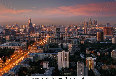 Panorama with skyscrapers, Leningradskoe highway during summer sunset in Moscow, Russia
