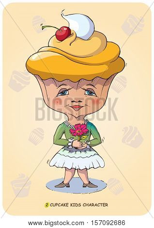 Funny vector illustration of a hand drawn cartoon character kid stylized sweet cupcake. Emotional states sonfectionery caramel and bakery food