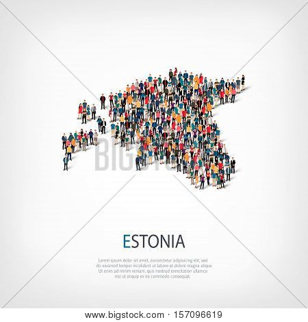 Isometric set of styles, people, map of Estonia , country, web infographics concept of crowded space, flat 3d. Crowd point group forming a predetermined shape. Creative people.  illustration. Photo .3D illustration. White background . Isolated.