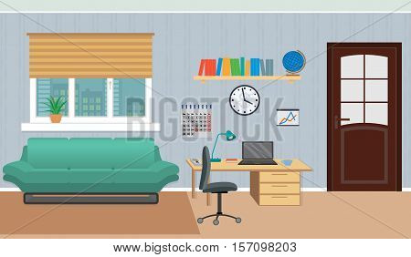 Interior of work cabinet at home including rest zone and work place. Flat style vector interior
