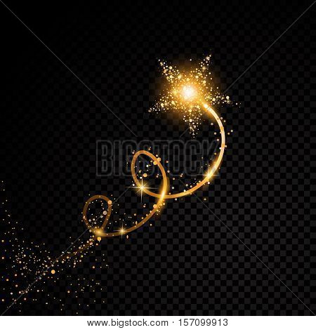 Gold glittering spiral star dust trail sparkling particles on transparent background. Space comet tail. Vector glamour fashion illustration set