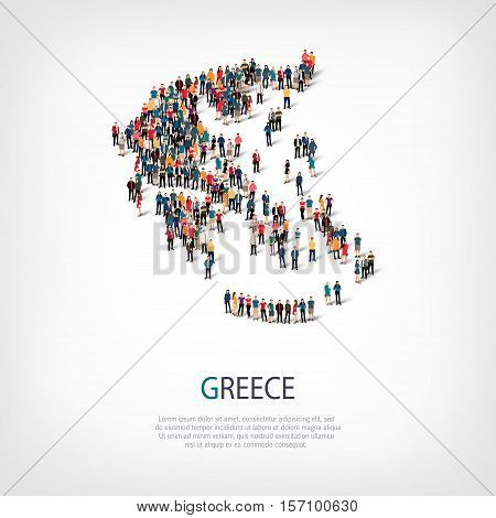 Isometric set of styles, people, map of Greece , country, web infographics concept of crowded space, flat 3d. Crowd point group forming a predetermined shape. Creative people.  illustration. Photo .3D illustration. White background . Isolated.