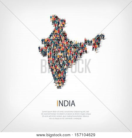 Isometric set of styles, people, map of India , country, web infographics concept of crowded space, flat 3d. Crowd point group forming a predetermined shape. Creative people.  illustration. Photo .3D illustration. White background . Isolated.