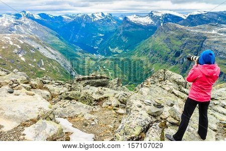 Tourist Taking Photo From Dalsnibba Viewpoint Norway