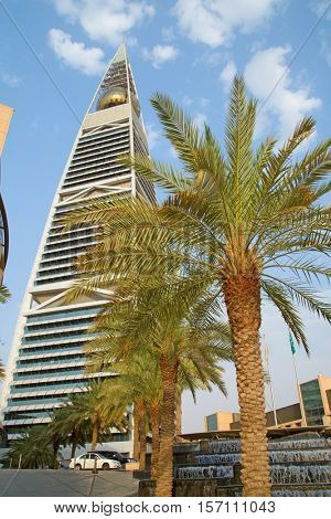 RIYADH - AUGUST 21: Al Faisaliah tower facade on August 21, 2016 in Riyadh, Saudi Arabia. Al Faisaliah towers is a luxury hotel and the most distinctive skyscraper in Saudi Arabia