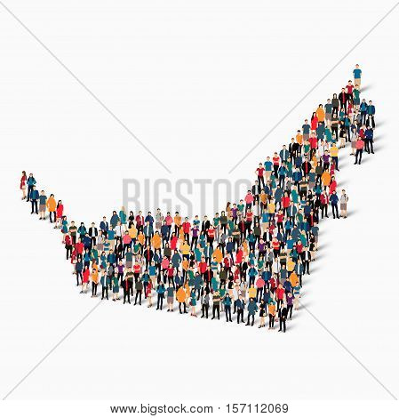Isometric set of styles, people, map of UAE , country, web infographics concept of crowded space, flat 3d. Crowd point group forming a predetermined shape. Creative people.  illustration. Photo .3D illustration. White background . Isolated.