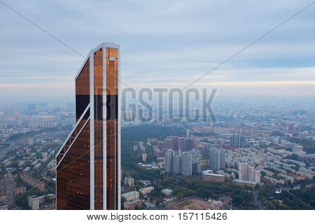 MOSCOW - SEP 3, 2015: Mercury tower of Moscow City business complex and view of residential area