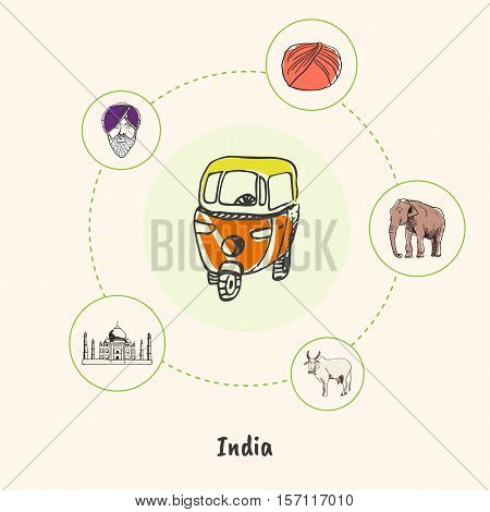 Attractive India. Motorikshi colorized doodle surrounded elephant, cow, Taj Mahal, man in turban hand drawn vector icons. Indian cultural, religious, architectural symbols. Travel in Asia concept