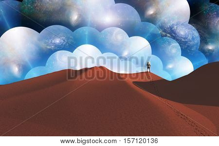 Man observing the multiverse   3D Render  Some elements provided courtesy of NASA
