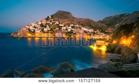 Hydra island on a summer night in Greece. Beautiful landscape with night illumination.