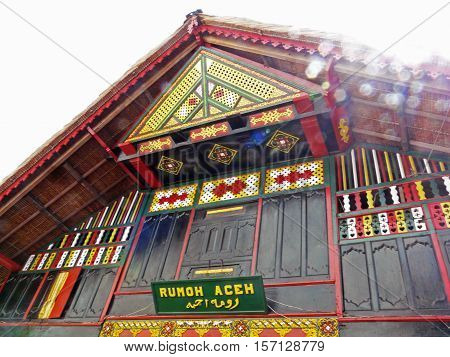 Traditional Acehnese house called Rumoh Aceh. This traditional house type houses on stilts with three main sections and one additional section