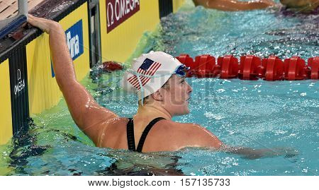 Hong Kong, China - Oct 29, 2016. American competitive swimmer Eva MERRELL (USA) in the finish. FINA Swimming World Cup, Preliminary Heats, Victoria Park Swimming Pool.
