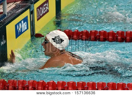 Hong Kong China - Oct 29 2016. Olympic champion hungarian swimmer Katinka Hosszu in the finish. FINA Swimming World Cup Preliminary Heats Victoria Park Swimming Pool.