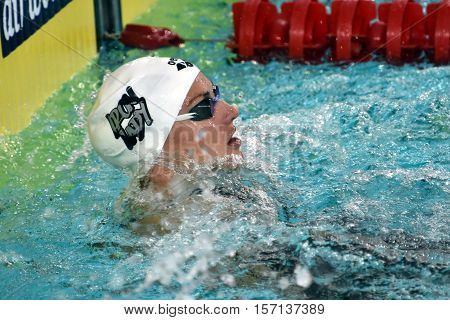 Hong Kong China - Oct 29 2016. Olympic champion hungarian swimmer Katinka Hosszu in the finish. FINA Swimming World Cup Preliminary Heats Victoria Park Swimming Pool.