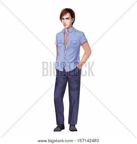 Fashion Young Man in Short Sleeved Shirt. Video Game's Digital CG Artwork, Concept Illustration, Realistic Cartoon Style Background and Character Design