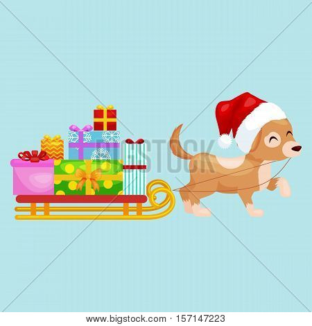 Happy Christmas dogs on stack of presents, xmas gifts for animals vector illustration.