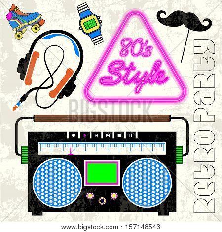 80's Retro neon style elements Colorful background. Vintage Lips, headphones, vintage cassette radio, eighties fashion vector graphic disco banner and poster. Old time style fashion graphic template.