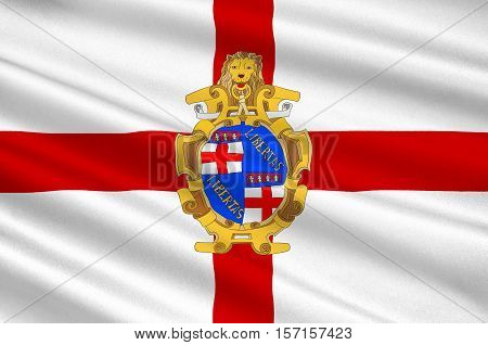 Flag of Bologna is the largest city and the capital of the Emilia-Romagna Region in Italy. 3d illustration
