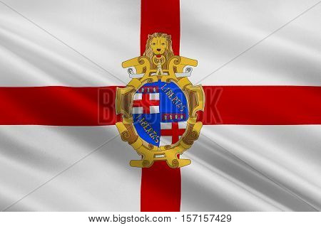 Flag of Bologna is the largest city and the capital of the Emilia-Romagna Region in Italy. 3d illustration