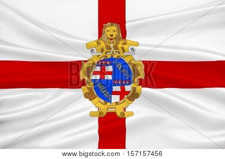 Flag of Bologna is the largest city and the capital of the Emilia-Romagna Region in Italy. 3d illustration