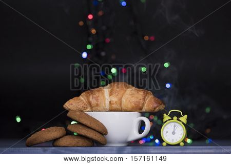 Cup Of Coffee Or Tea With Croissant And Oatcake