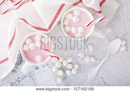 Peppermint hot chocolate with candy canes in a bright white setting