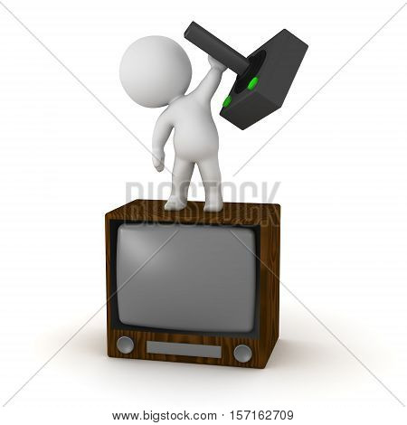 3D character with a retro TV and a retro video game joystick. Isolated on white background.