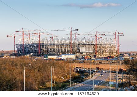 Rostov-on-Don, Russia - November 4, 2016: Construction of new football stadium for upcomming FIFA World Cup in 2018. Rostov-on-Don will be one of the host cities for the championship.