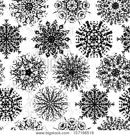 Ink hand drawn vintage snowflakes seamless pattern