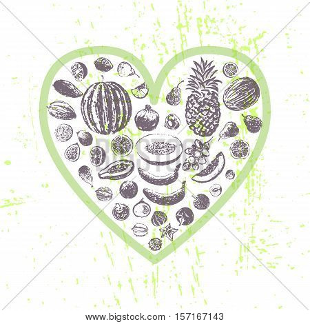 Ink hand drawn fruits in heart shape