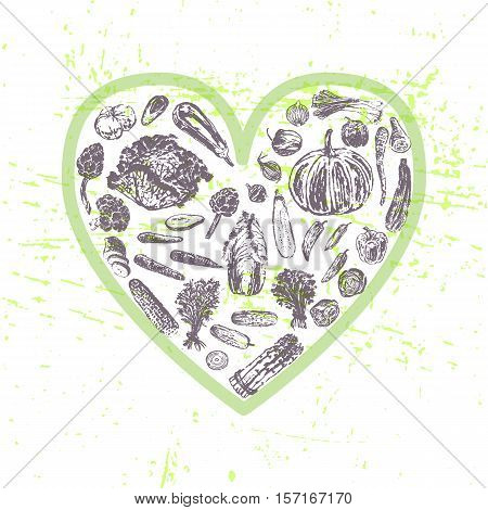 Ink hand drawn veggies in heart shape