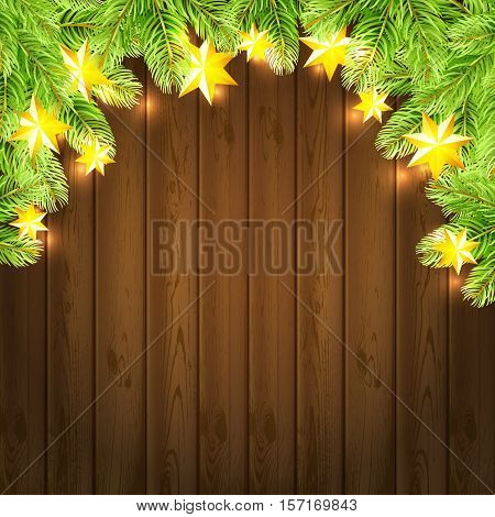 Christmas background with stras garland and fir-tree on wood background. Vector illustration.