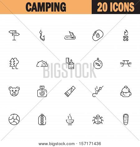 Camping flat icon set. Collection of high quality outline symbols of meat food for web design, mobile app. Vector thin line  icons or logo of animals, tent, compass, table, fire, forest. etc.