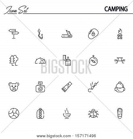 Camping flat icon set. Collection of high quality outline symbols of meat food for web design, mobile app. Vector thin line  icons or logo of animals, tent, compass, table, fire, forest. etc.