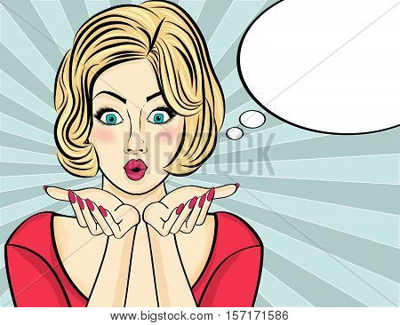 Surprised Pop Art  Woman  . Comic Woman With Speech Bubble. Pin Up Girl.