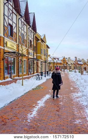 KIEV UKRAINE - NOVEMBER 11 2016: The Dutch Revival style outlet neighborhood is the nice place for shopping and enjoy the architecture on November 11 in Kiev.