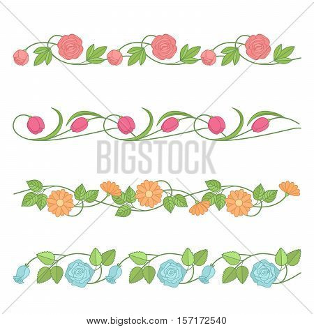 Vector Floral Border Set. Ornament Of Flowers, Roses, Peonies, Chamomiles, Tulips.