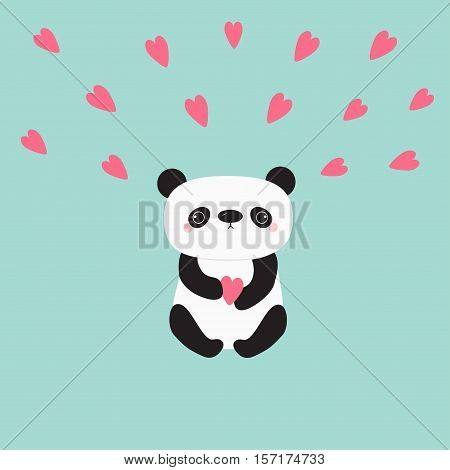 Kawaii panda baby bear. Cute cartoon character holding pink little hearts. Wild animal collection for kids. Blue background. Love card. Flat design. Vector illustration