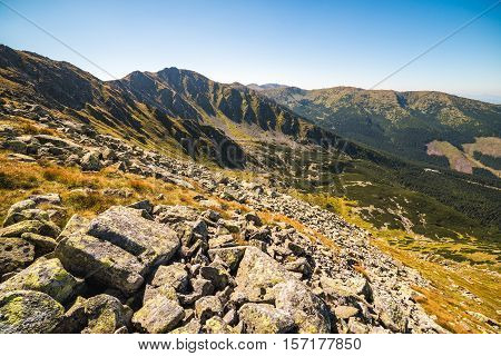 Mountain Landscape on Sunny Day with Rocks in Foreground. Mount Derese Low Tatras Mountain Slovakia.