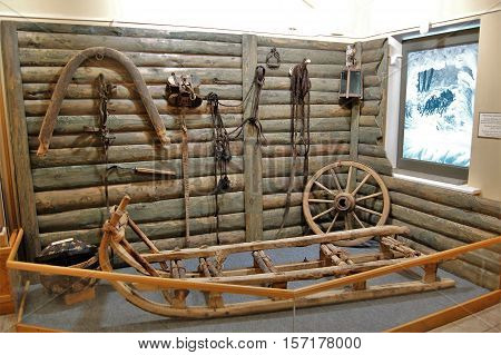 01 Sep 2012 Russia. The City Verkhoturye . Exposure Verkhoturye local history Museum, wooden wheel