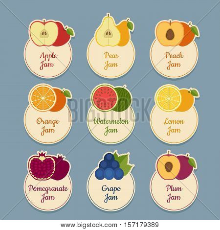 Fruits Icon Set. Labels With Fruits. Flat Style, Vector Illustration.