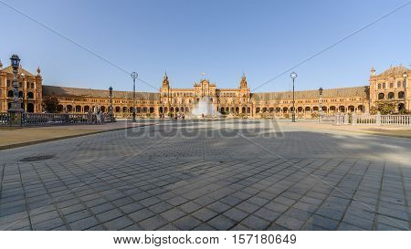 The Plaza de Espania is a Square located in the Park in Seville Built in 1928 for the Ibero-American Exposition of 1929. It is a landmark example of the Renaissance Revival style