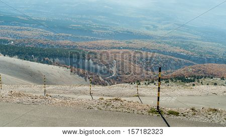 The road to the summit of Mont Ventoux seen from the village of Bedoin in Provence Southern France