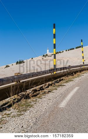 The road to the summit of Mont Ventoux seen from the village of Bedoin in Provence Southern France