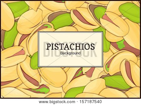 The rectangular frame on pistatios background. Vector card illustration. Nuts frame, pistatios fruit in the shell, whole, shelled, leaves, appetizing looking for packaging design of healthy food