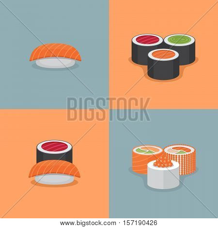 Sushi and roll illustration set. Flat style. Vector Illustration.