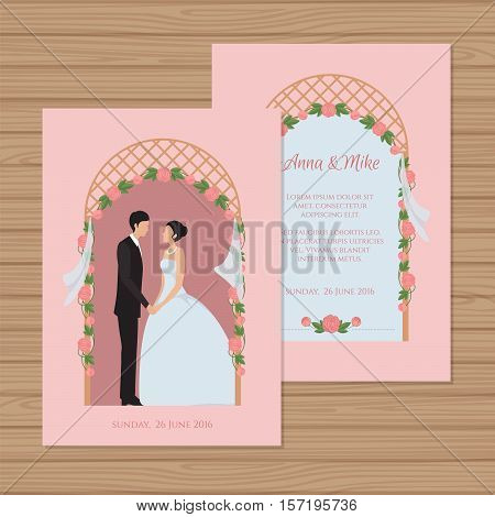 Wedding Invitation With Bride And Groom On The Background Of A Wedding Arch. Vector Illustration.